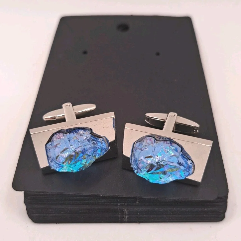 Vintage Sarah Coventry Iridescent Blue Art Glass Cufflinks Foster Silver Tone MC
